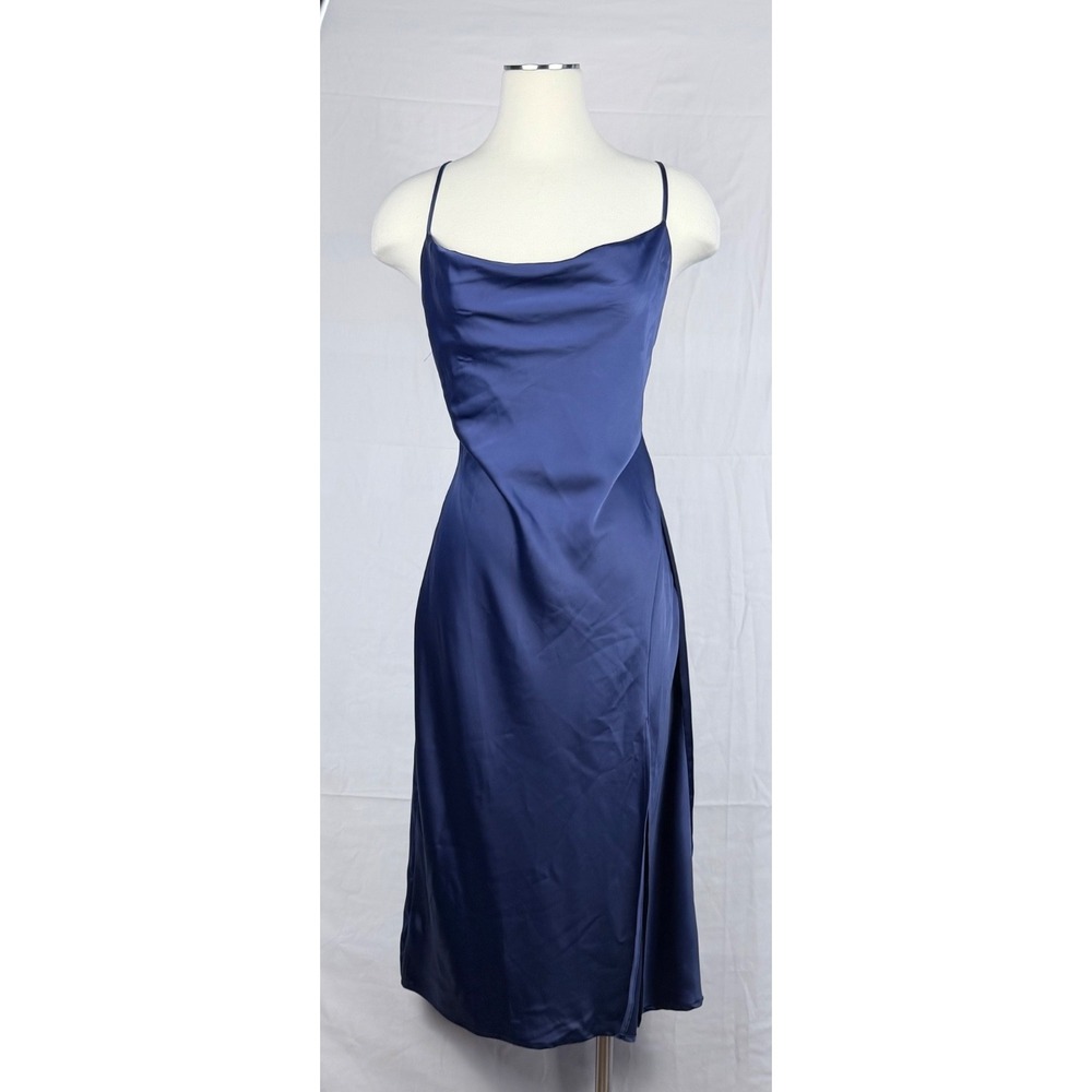 Forever 21 Navy Satin Slip Dress Cowl Neck Lace Up Back Midi Bridesmaid Glam M